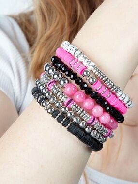 Stacked Pink and Black Beaded Bracelet Set